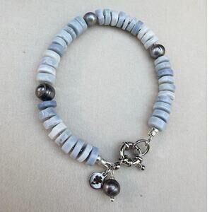 6.5" Gemstone Bracelet, Peruvian Blue Opal & Black Pearl, Coastal, Dainty